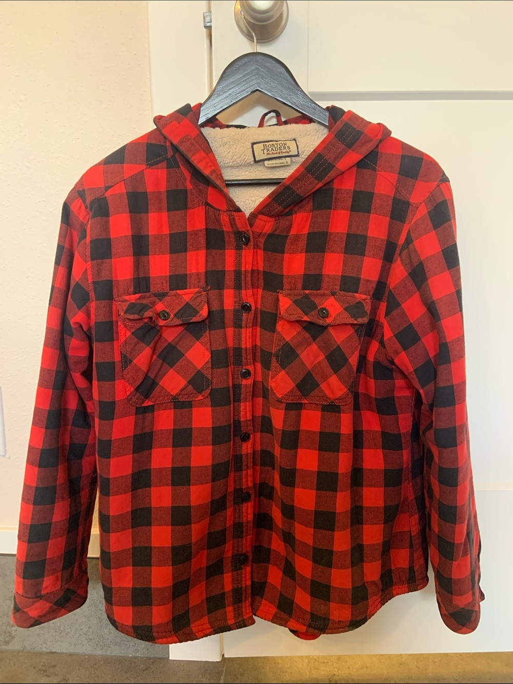 Boston Traders Red and Black Plaid Sherpa-Lined Hooded Shacket - Cozy & Warm